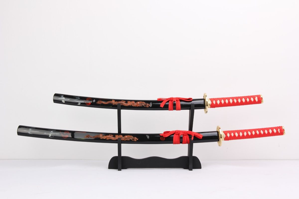 Set of 2 — Japanese Traditional Dragon Katana Wakizashi Red - detail view 2